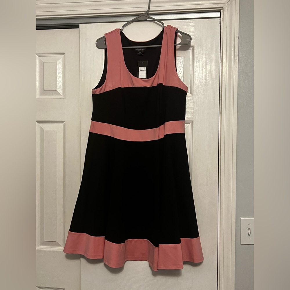 City Chic Pink and Black color block fit and flare sleeveless dress..